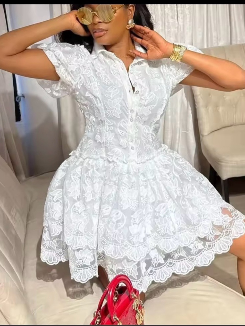 White Lace Puff-Sleeve Mini Dress with Pearl Buttons - Picture 4 of 4